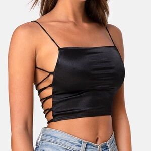 MOTEL Dolls Kill Black Satin Square Neck Lace Up Open Back Crop Top Small